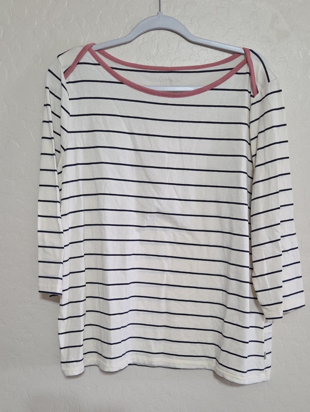 L.L. Bean White Navy Striped 3/4 -Sleeve Tee with Pink Trim
